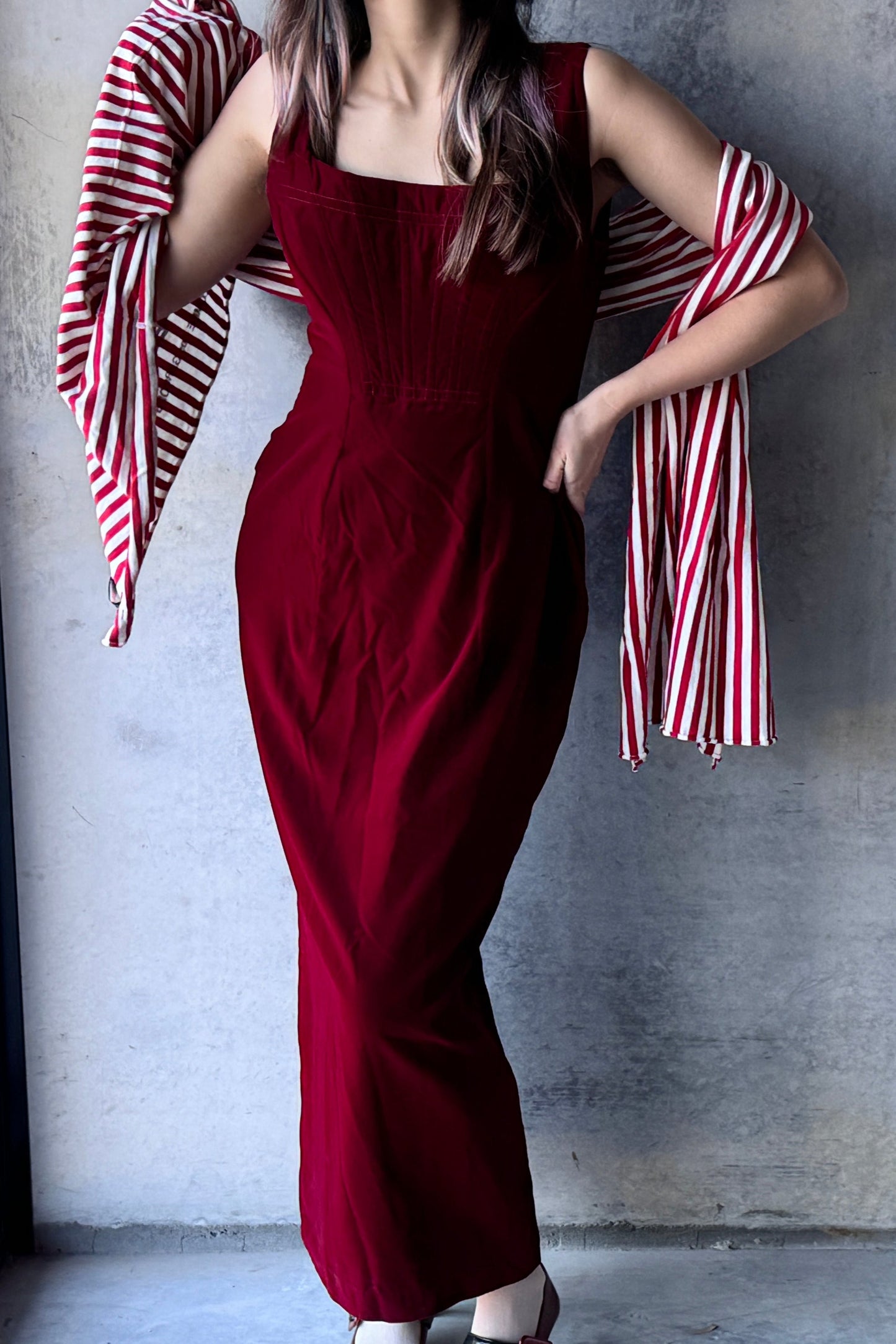 RED VELVET CORSET MAXI DRESS